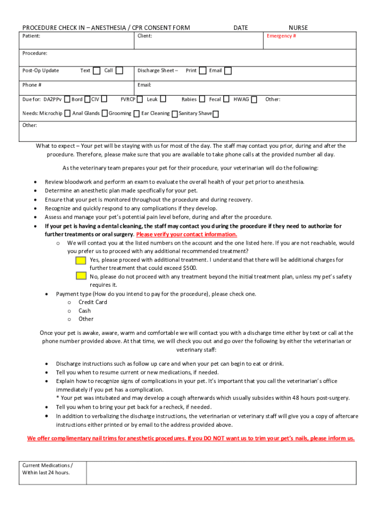 Anesthetic Procedure Consent Form St Francis Animal Hospital