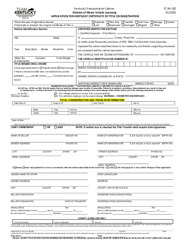  Application for Kentucky Certificate of Titleregistration 2023