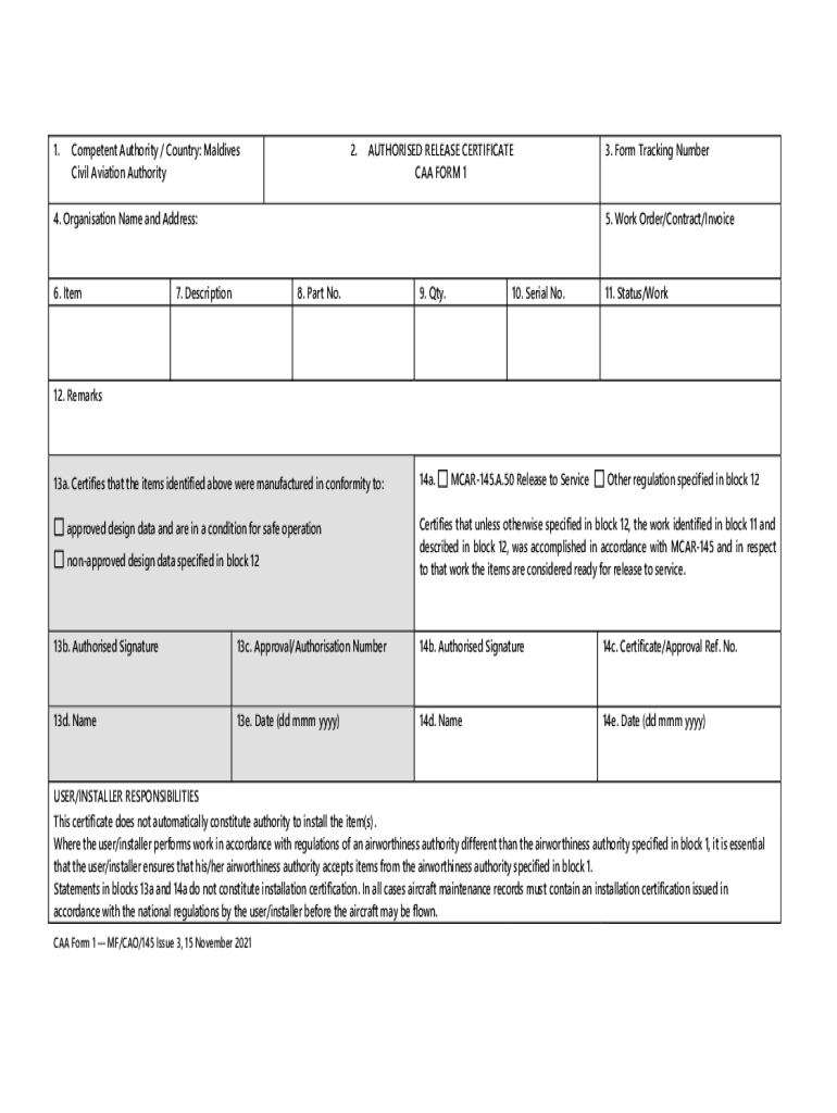  2 AUTHORISED RELEASE CERTIFICATE CAA FORM 1 3 2021-2024