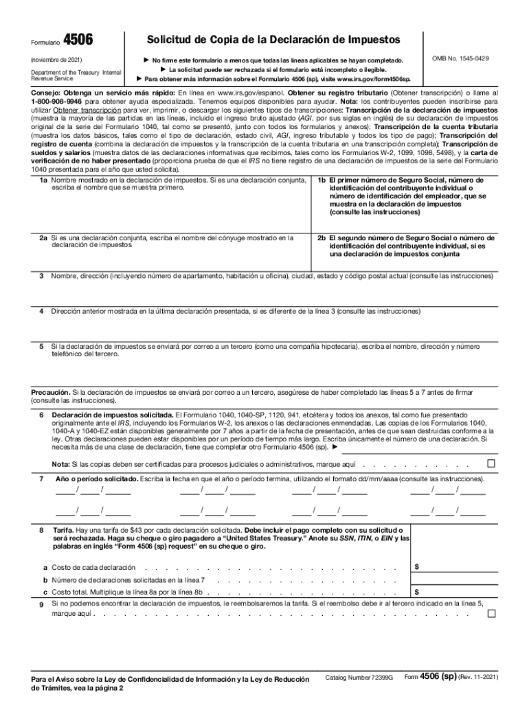 Form 4506 Sp Rev 11 Request for Copy of Tax Return Spanish Version