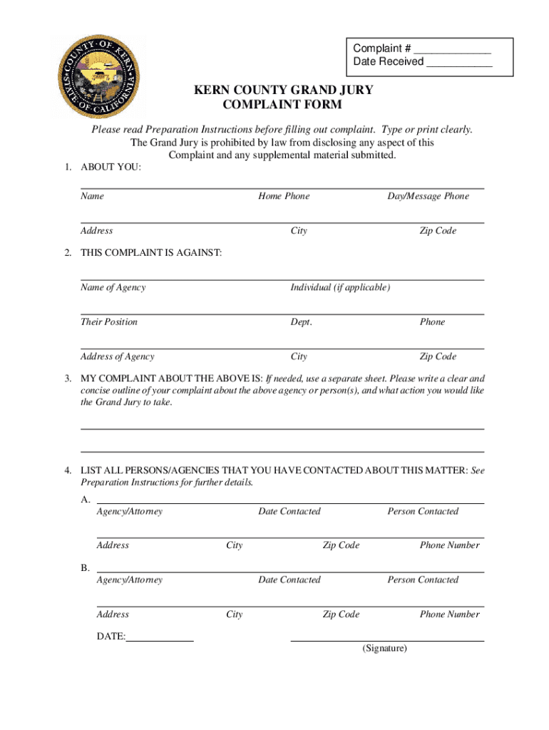 Grand Jury Complaint Form Kern County Grand Jury