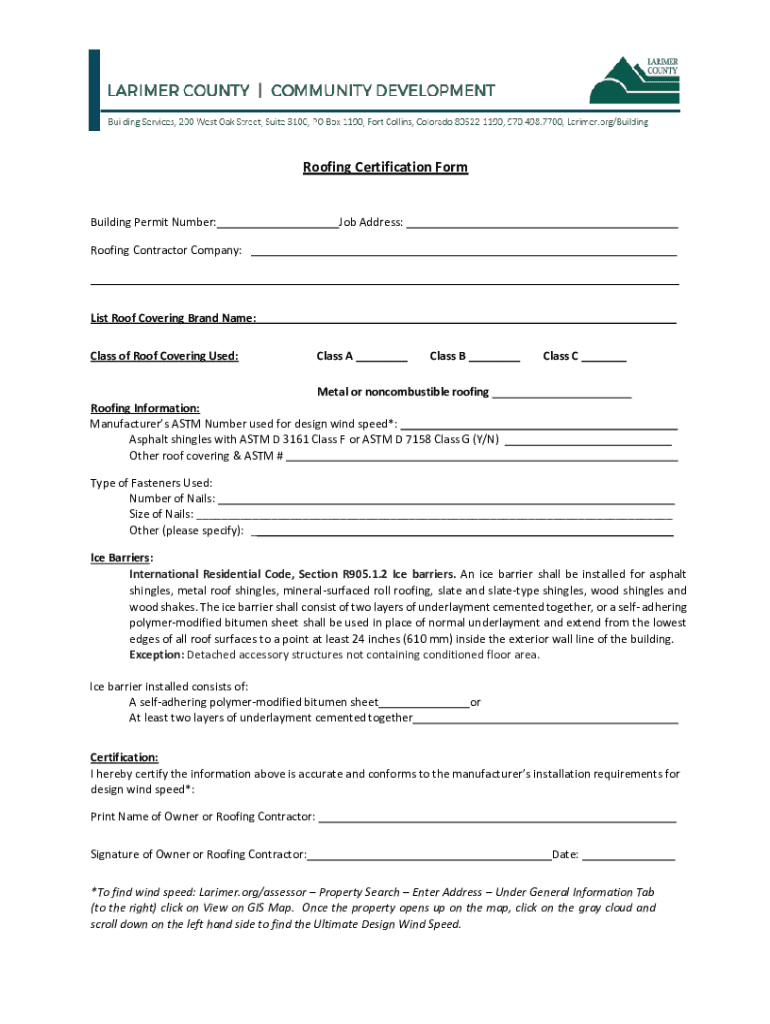  Roofing Certification Form 2019-2024