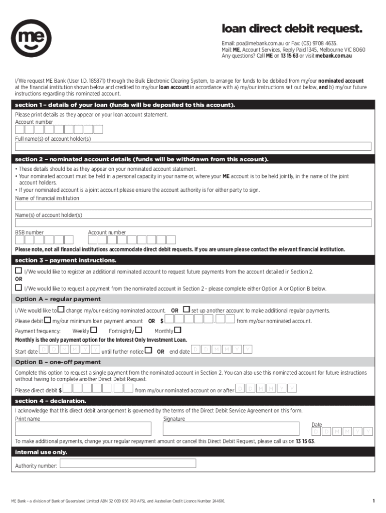 Direct Debit Request Authority for Automatic Transfer  Form