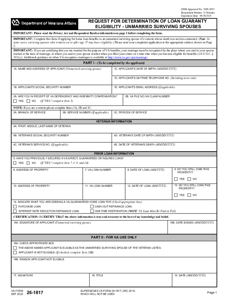  VA Form 26 1817 REQUEST for DETERMINATION of LOAN GUARANTY ELIGIBILITY UNMARRIED SURVIVING SPOUSES 2022-2024