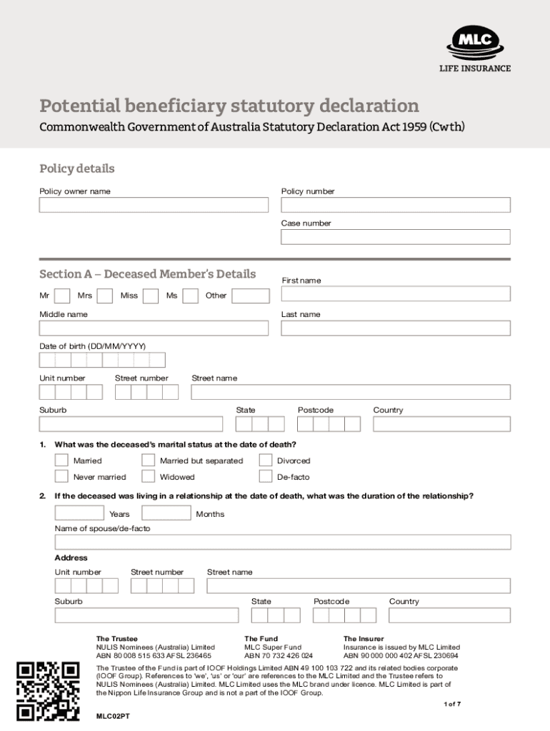  Potential Beneficiary Statutory Declaration 2019-2024