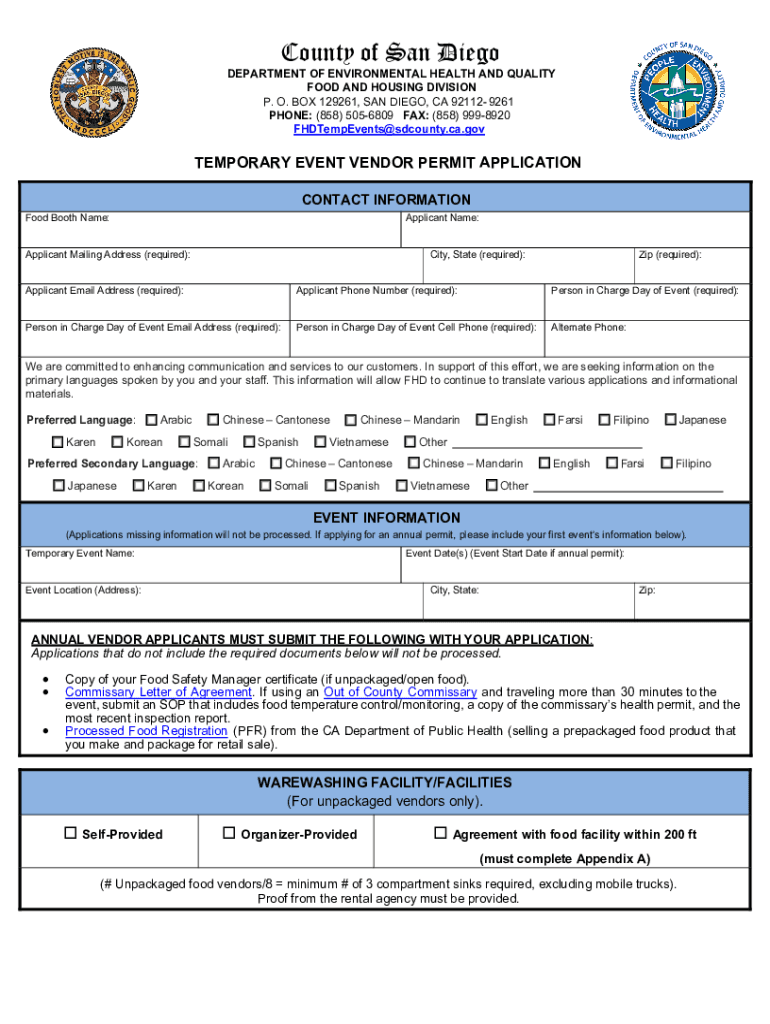 Temporary Food Facility Vendor Application  Form