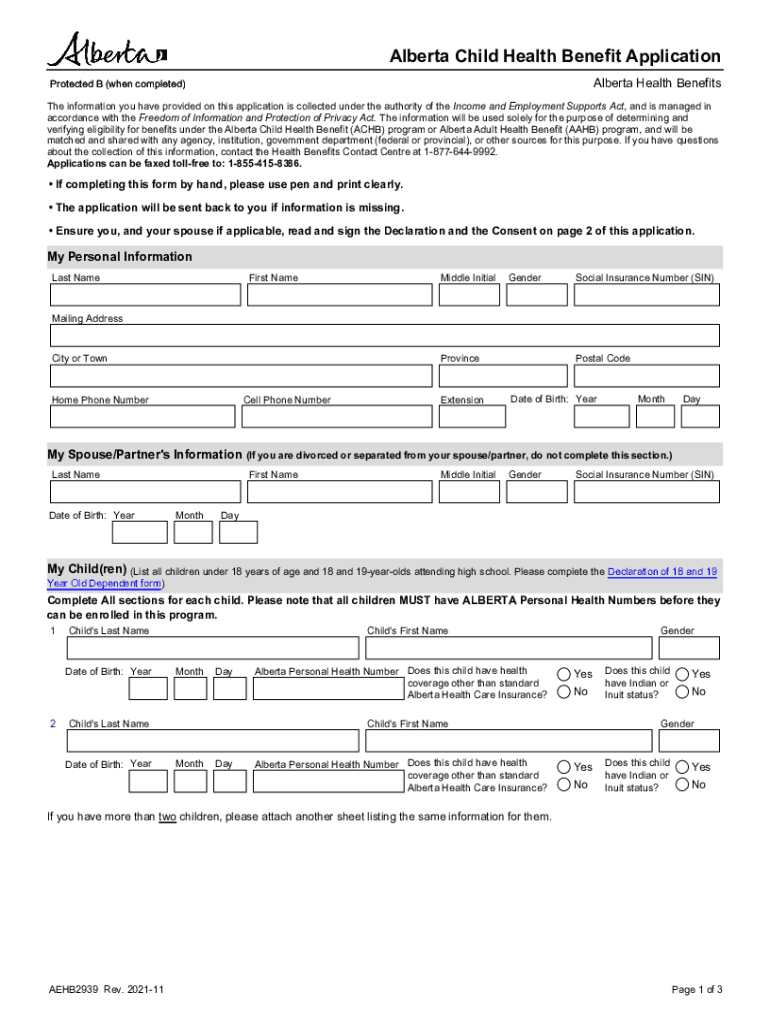 HRE2939I Alberta Child Health Benefit Application  Form