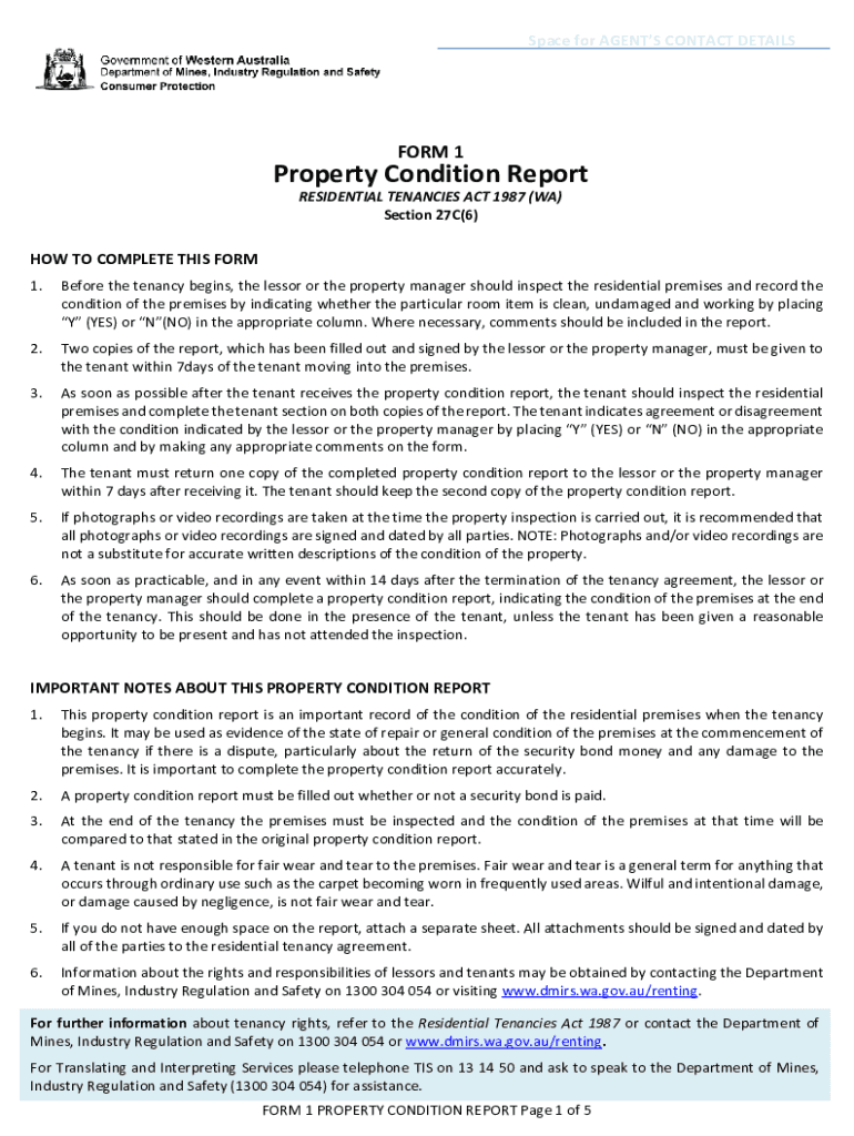 Form 1 Property Condition Report Renting a Home in WA
