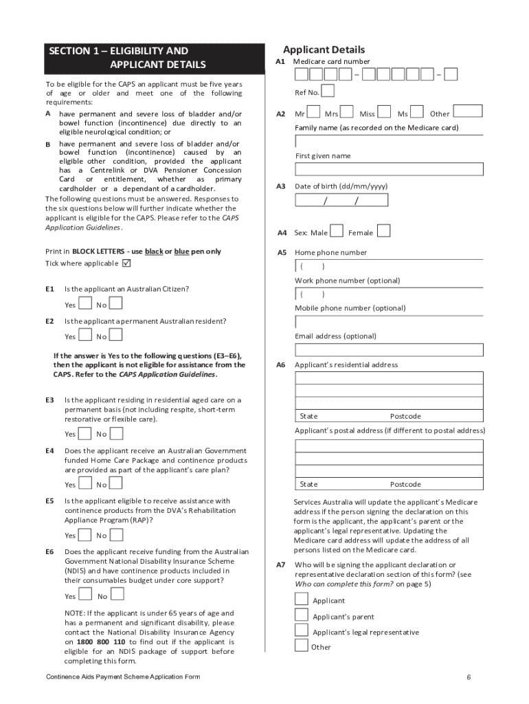 Continence Aids Payment Scheme Application Guidelines  Form
