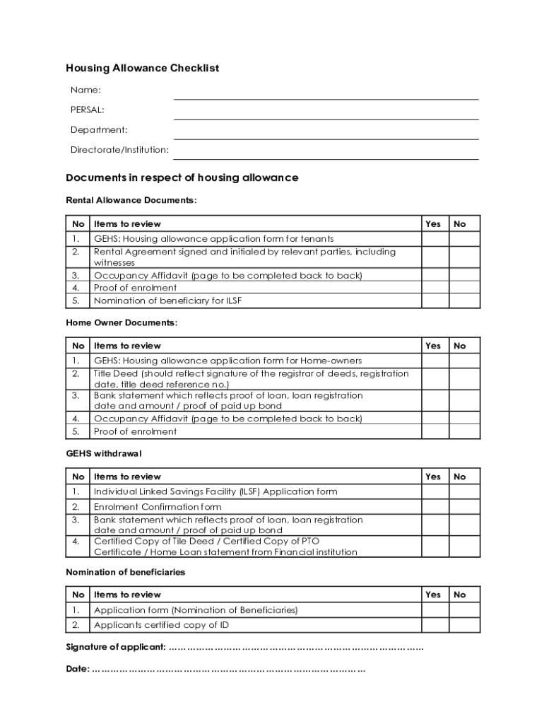 HOUSING ALLOWANCE APPLICATION FORM for TENANTS