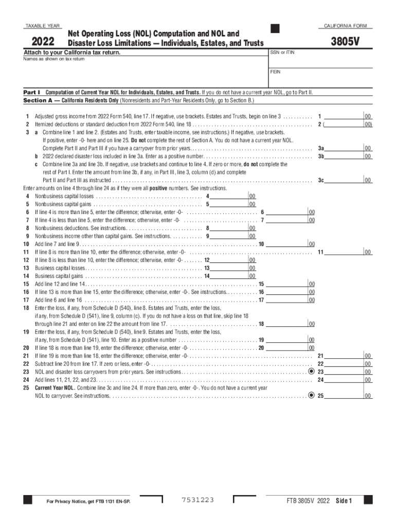 Form 3805V Net Operating Loss NOL Computation and NOL and Disaster Loss Limitations Individuals, Estates, and Trusts Form 3805V 