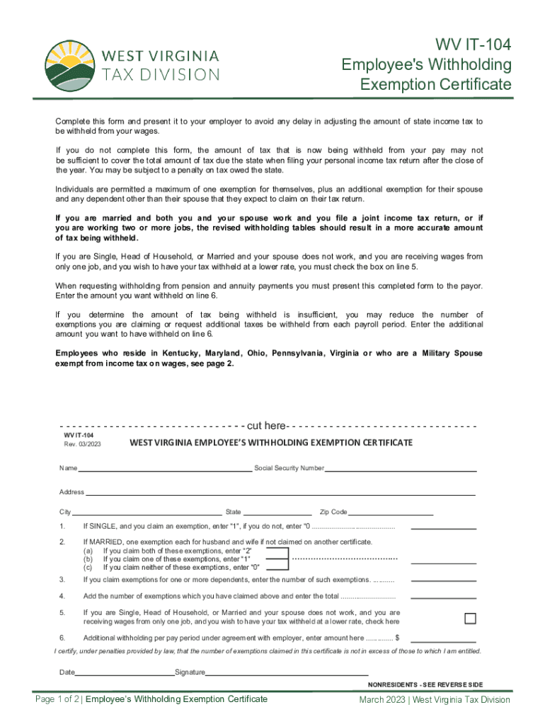 WV it 104 Employee&#039;s Withholding Exemption Certificate  Form