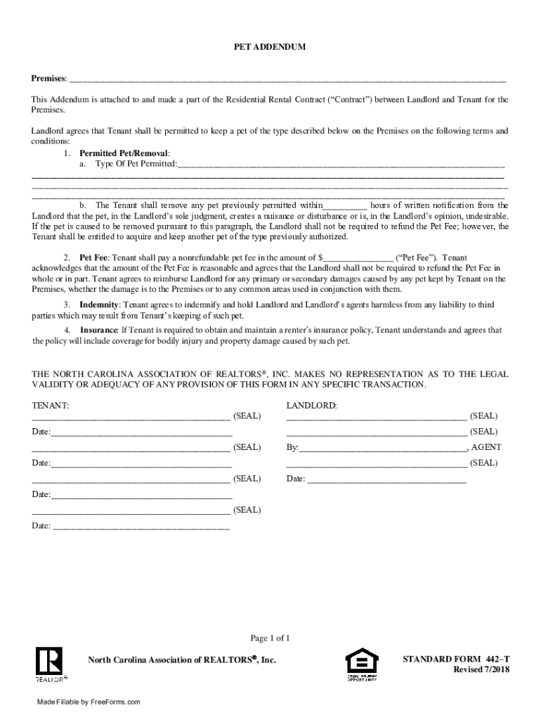  North Carolina Association of Realtors Pet Addendum Form 442 T 2018-2024