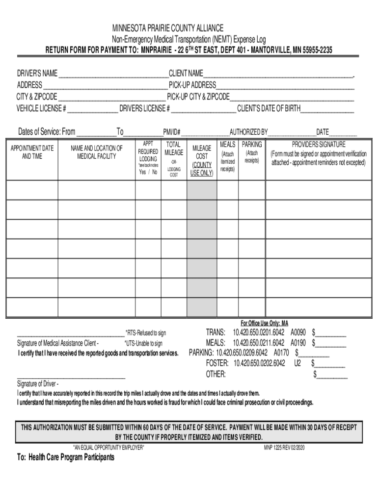 Non Emergency Medical Transportation Expense Log MN  Form