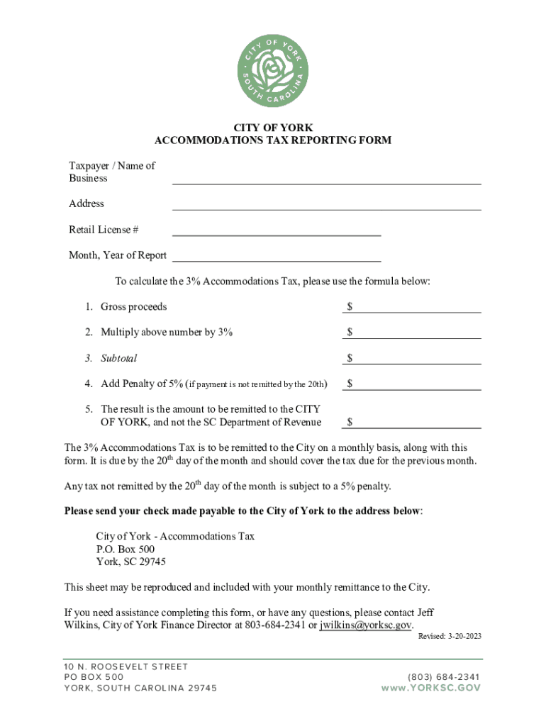 CITY of YORK ACCOMMODATIONS TAX REPORTING FORM Tax