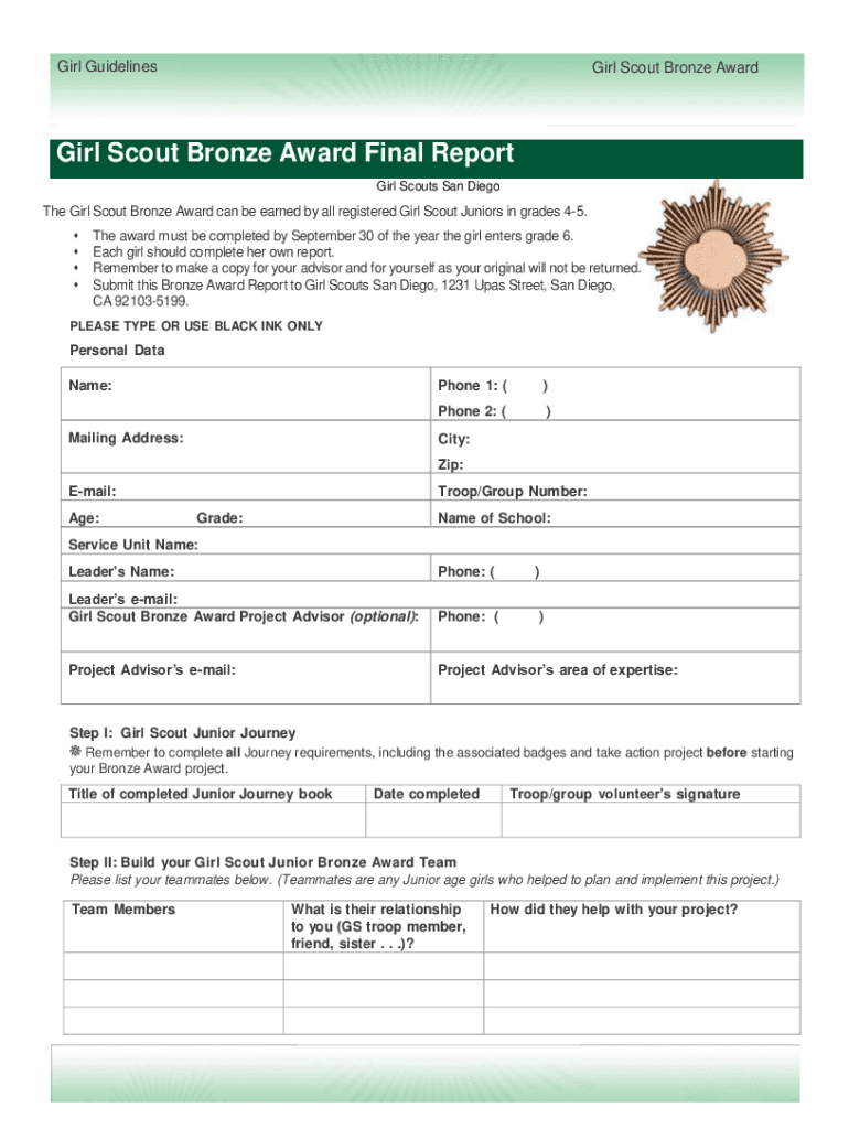  Girl Scout Bronze Award Planning Chart 2018-2024