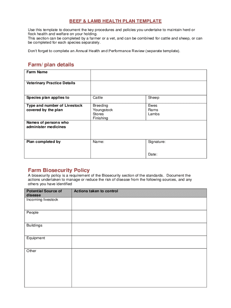 Beef and Lamb Health Plan Template  Form