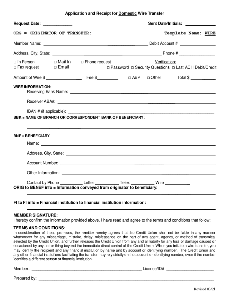 Application and Receipt for Domestic Wire Transfer  Form