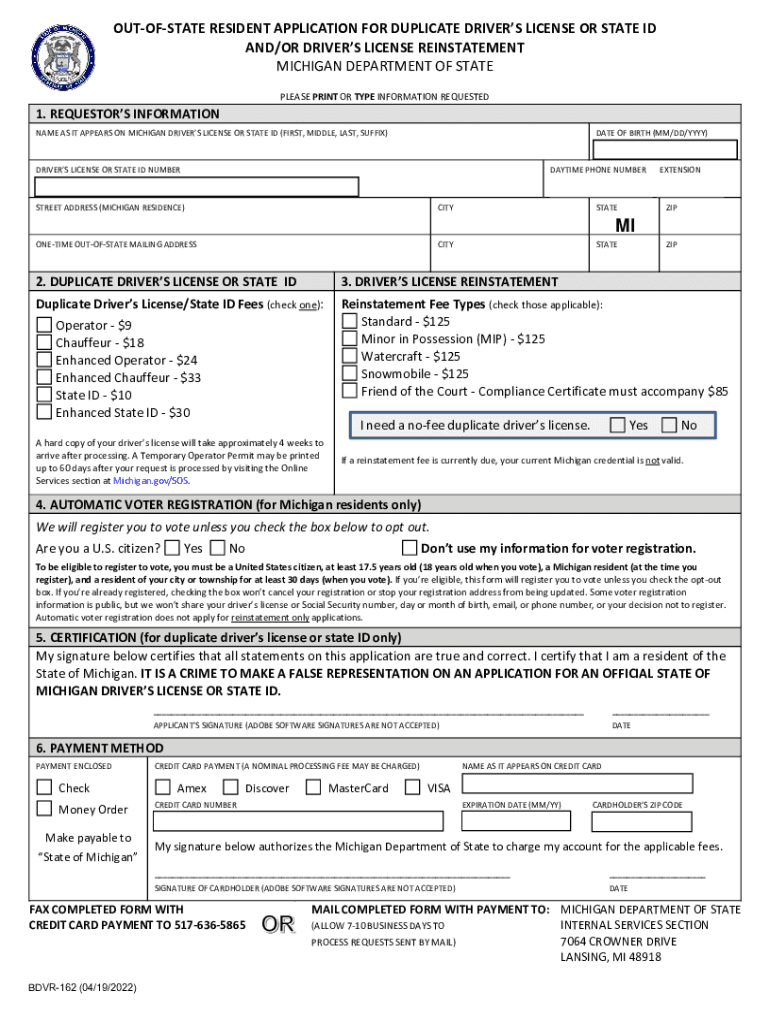  Out of State Resident Application for Duplicate Driver&#039;s License or State ID Andor Driver&#039;s License Reinstatement BDVR 2022-2024