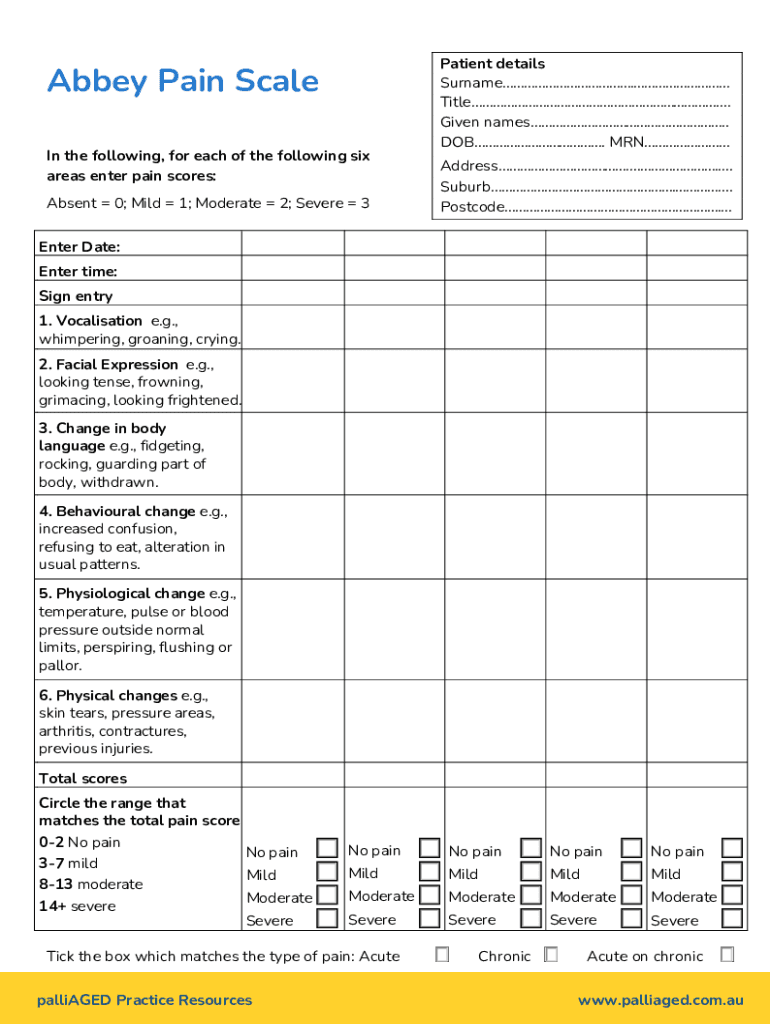 Abbey Pain Scale Information Sheet Abbey Pain Scale