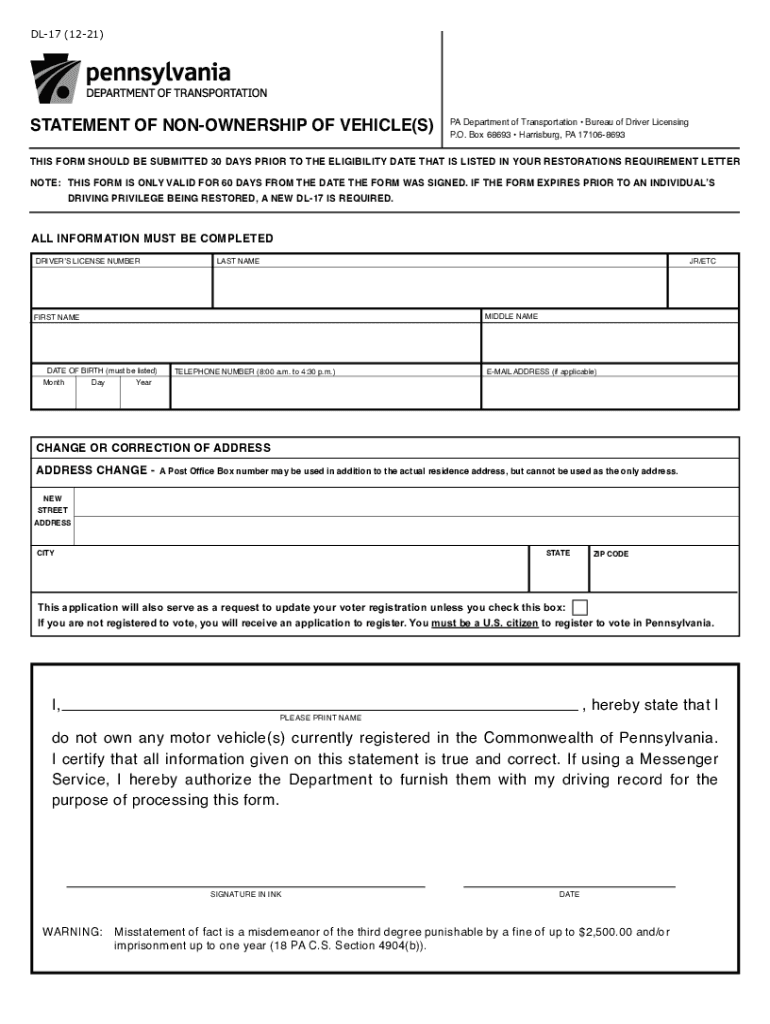  Form DL 17 Statement of Non Ownership of VehicleS 2021-2024