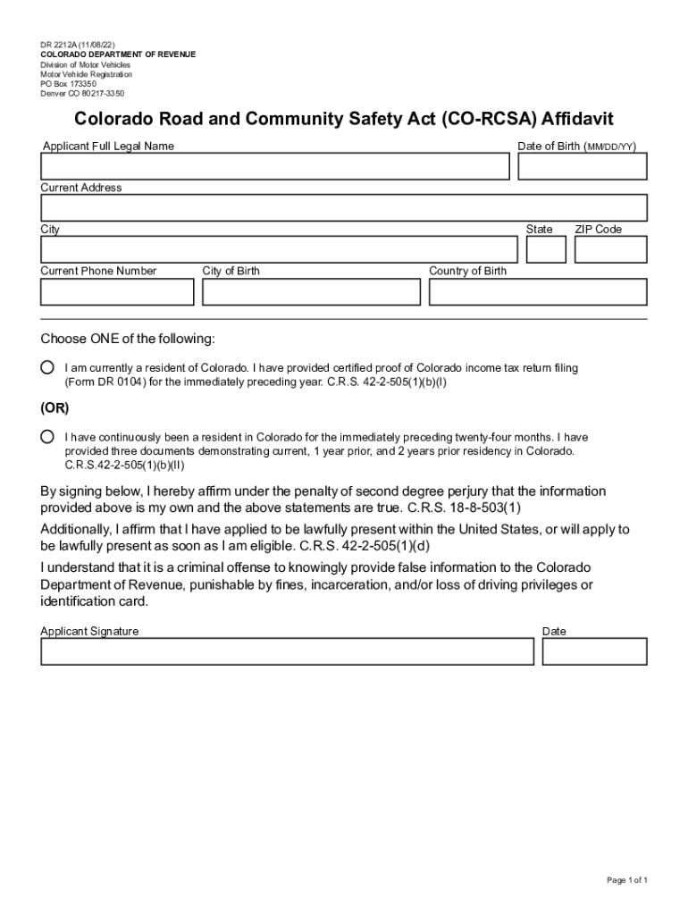  DR 2212A Colorado Road and Community Safety Act CO RCSA Affidavit Not Sure What This Should Be 2022-2024