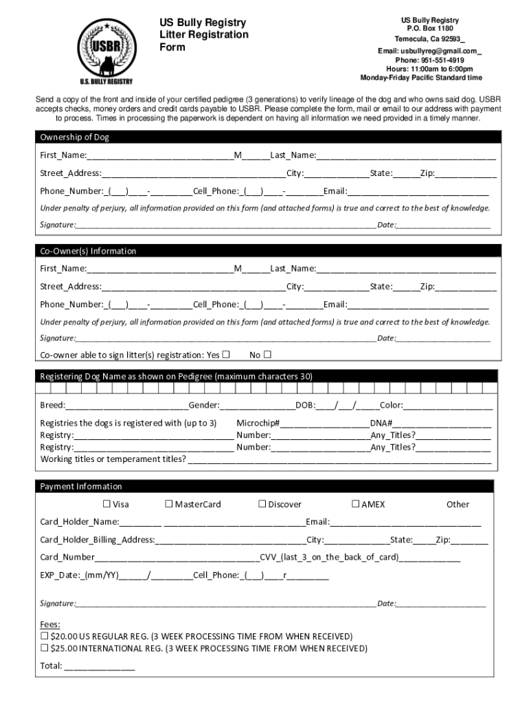 US Bully Registry Litter Registration Form