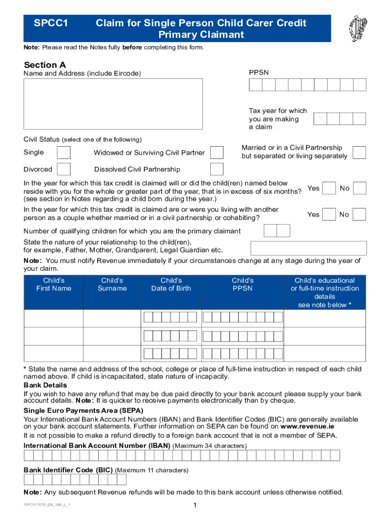  SPCC1 Claim for Single Person Child Carer Credit Primary Claimant 2022-2024