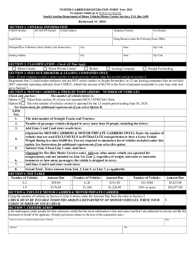 UCR Form Instructions Unified Carrier Registration UCR