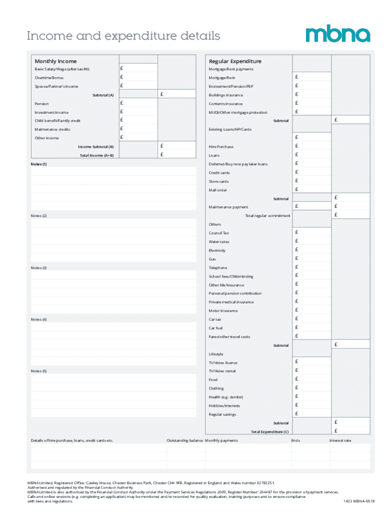 Income and Expenditure Details Monthly IncomeRegul  Form