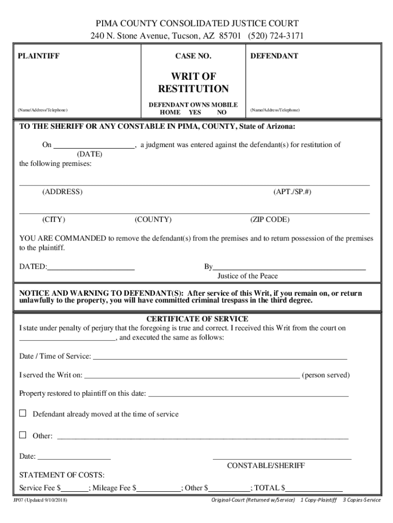 Get the Writ of Restitution Maricopa County Form