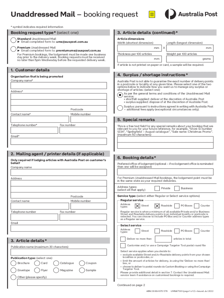 Unaddressed Mail Booking Request Fill Out &amp;amp; Sign Online  Form