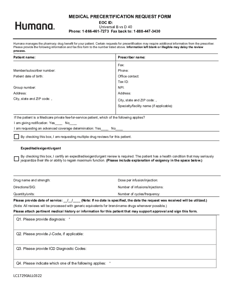  Humana Medical Precertification Request Form 2022-2024