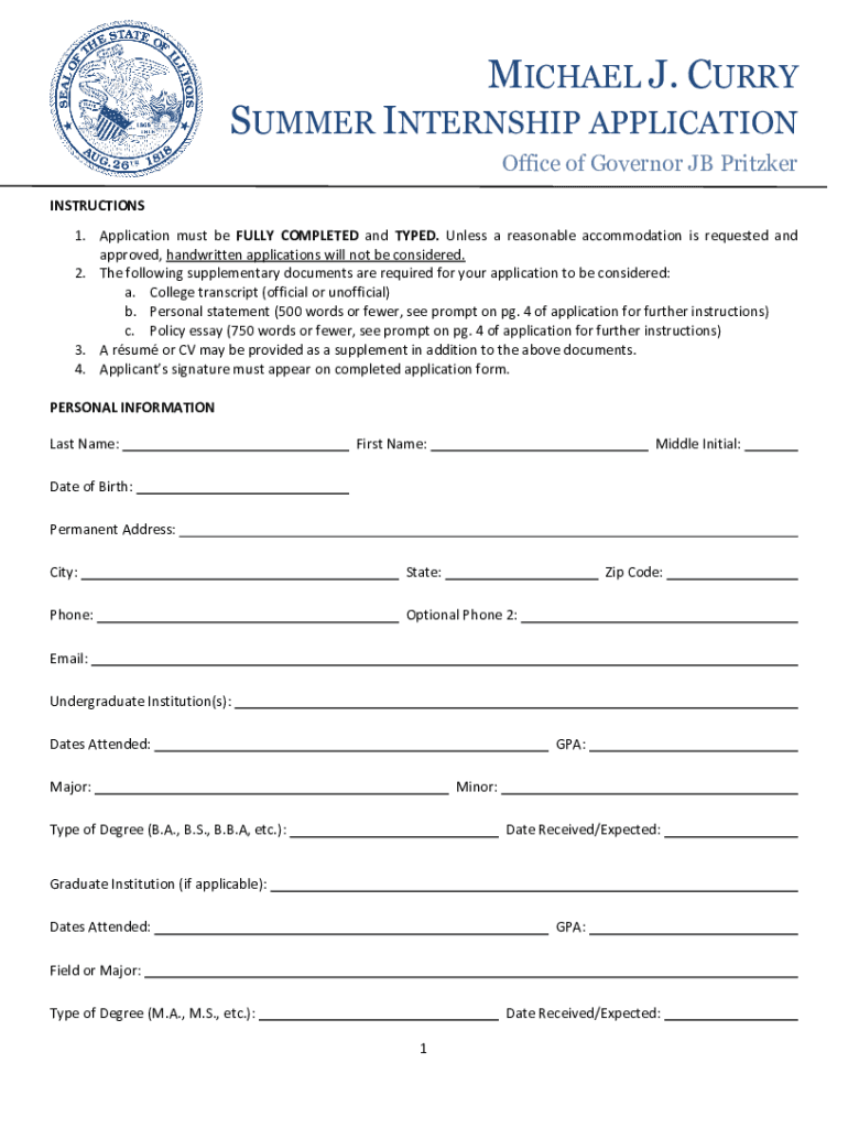 Michael J Curry Summer Internship Application Illinois Gov  Form