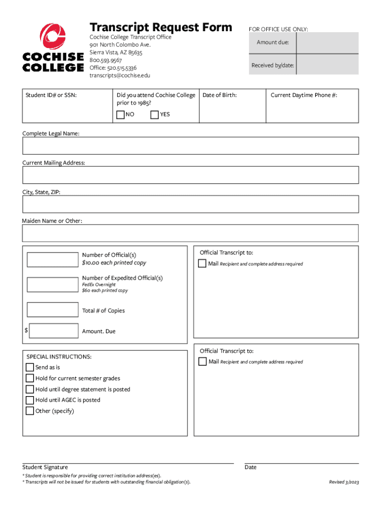 Fillable Transcript Request Form Cochise College