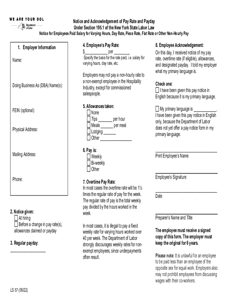 Notice of Pay RateDepartment of Labor New York State  Form