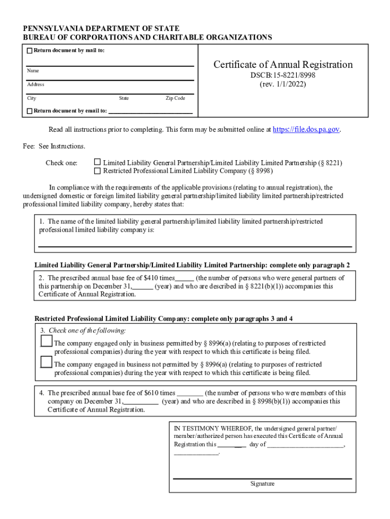 Certificate of Annual Registration Pa Department of State  Form