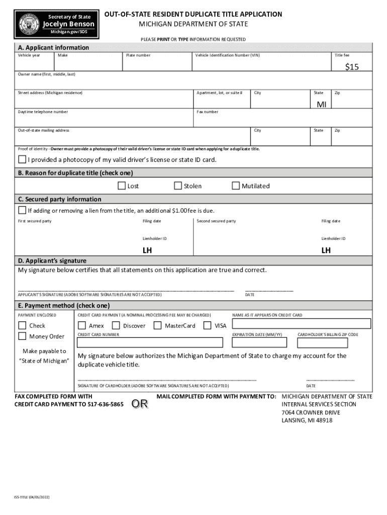 T Out of State Resident Duplicate Title Application  Form