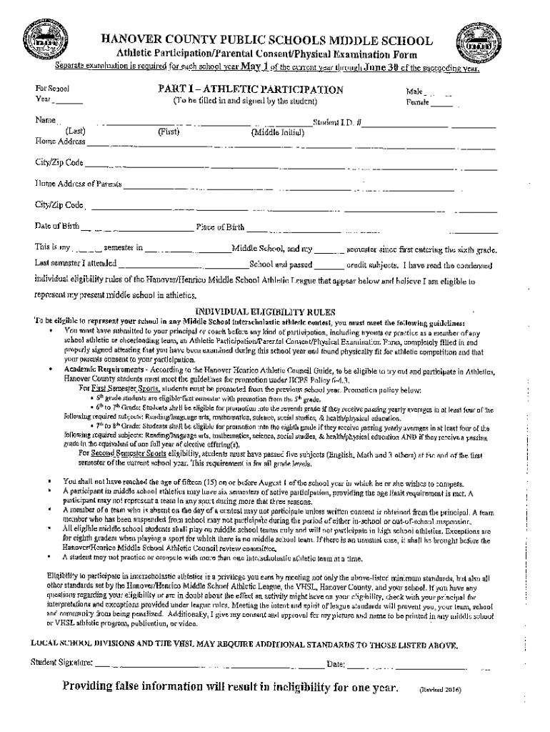 HANOVER COUNTY PUBLIC SCHOOLS MIDDLE SCHOOL  Form