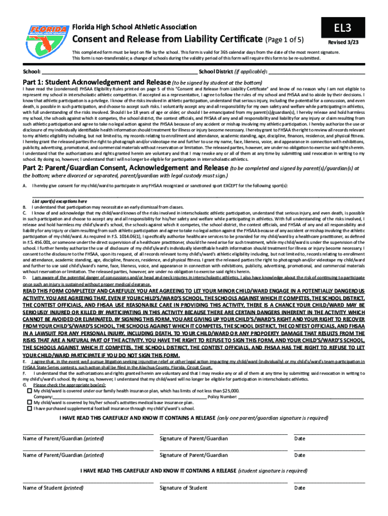  Florida High School Athletic Association Consent and Release 2023-2026