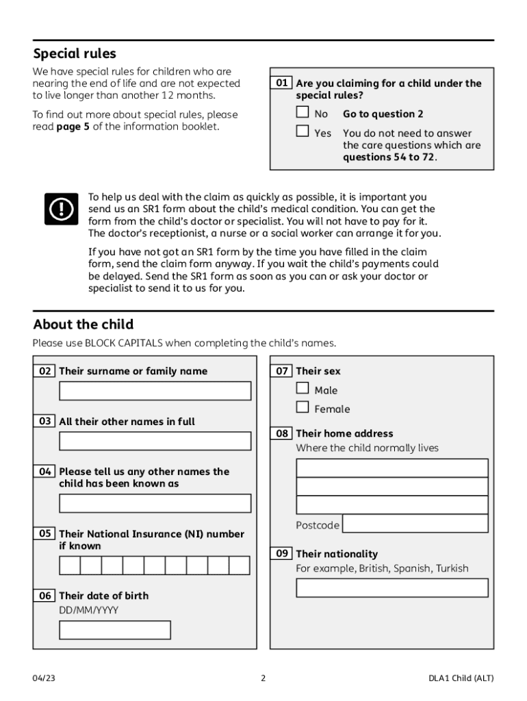  DLA for Children Claim Form Use This Form to Claim Disability Living Allowance for a Child 2023-2024