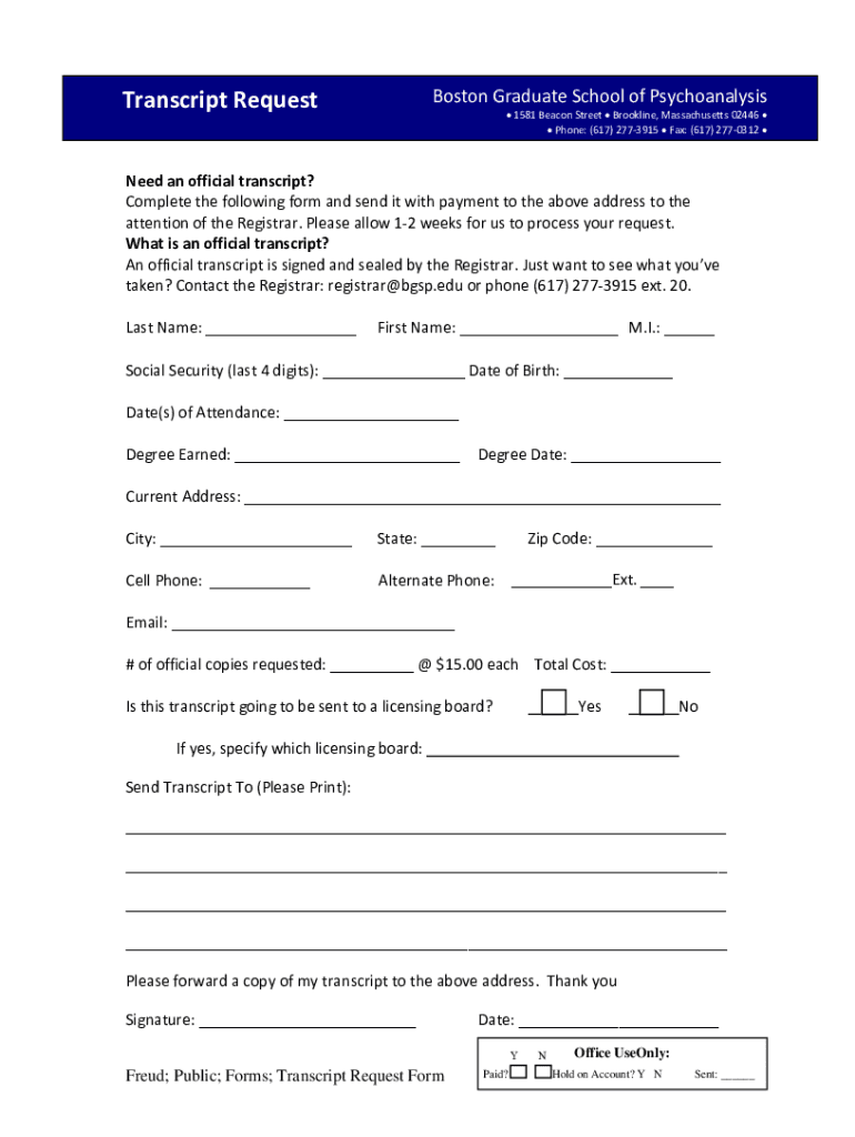 Transcript Requests Office of Student Services  Form