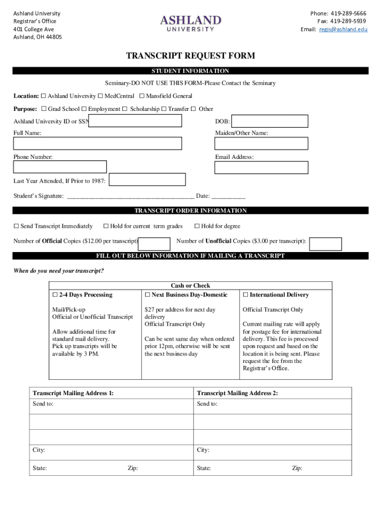 Ashland University Registrar Fill Online, Printable, Fillable  Form