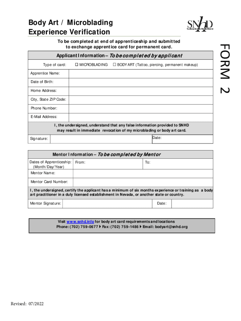  Body Art Experience Verification Form 2022