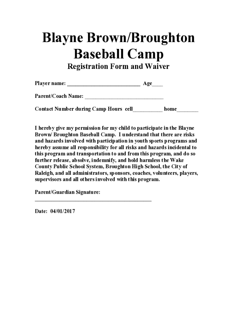  Blayne Brown Baseball Camp Fill Online, Printable, 2017-2024
