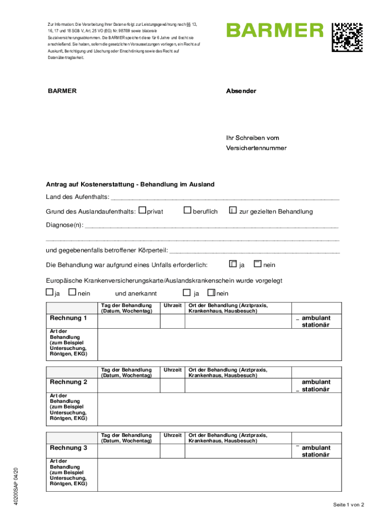 Antrag Auf Kostenerstattung Behandlung Im Ausland  Form