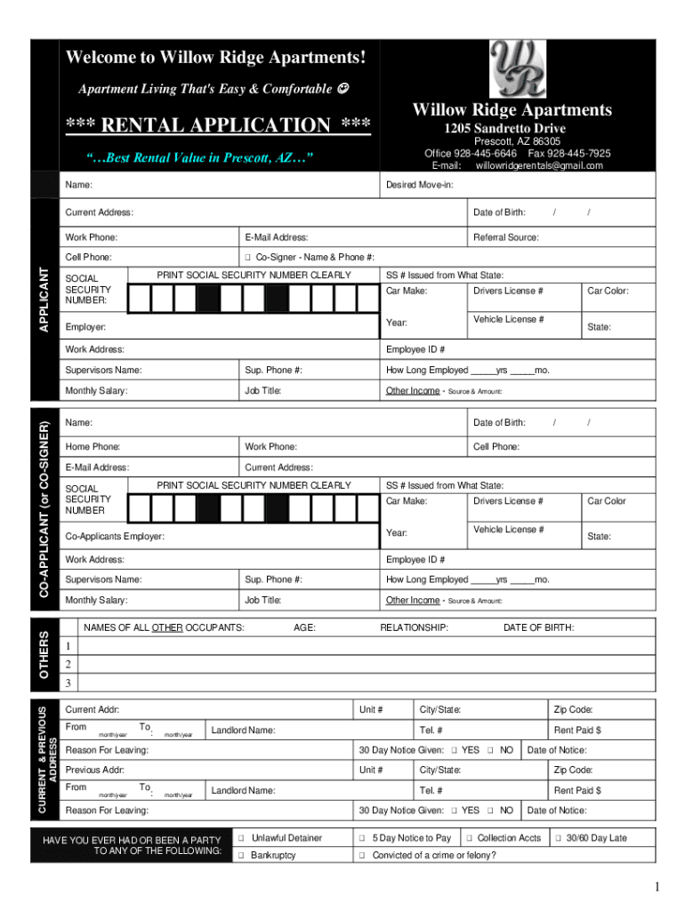 RENTAL APPLICATION Prescott Willow Ridge Apartments  Form