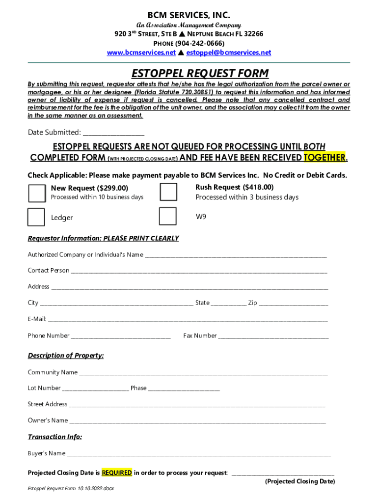 ESTOPPEL REQUEST FORM Neptune Beach