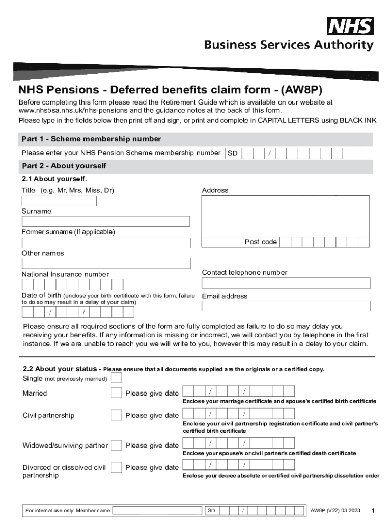  NHS Pensions Deferred Benefits Claim Form 2023-2024