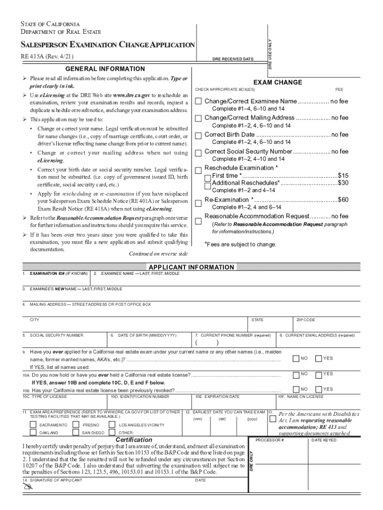 Salesperson Examination Change Application RE 415A, Rev 421 Salesperson Examination Change Application  Form